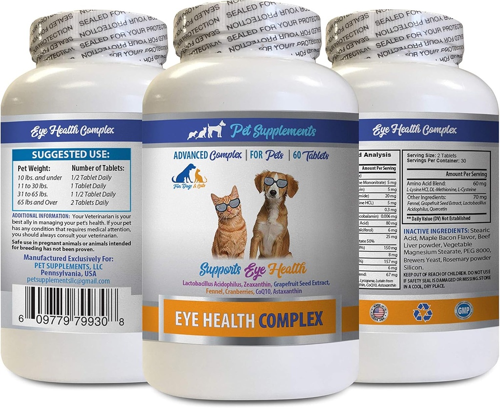Hundeøjne Vitamin - PET Eye Health Complex - Hunde og katte - Understøtter Eye Vision - astaxanthin til hunde, Eye Vision Supplement til hunde og katte, Eye Health Vitamin Lutein og zeaxanthin 1Bot 60Tabs