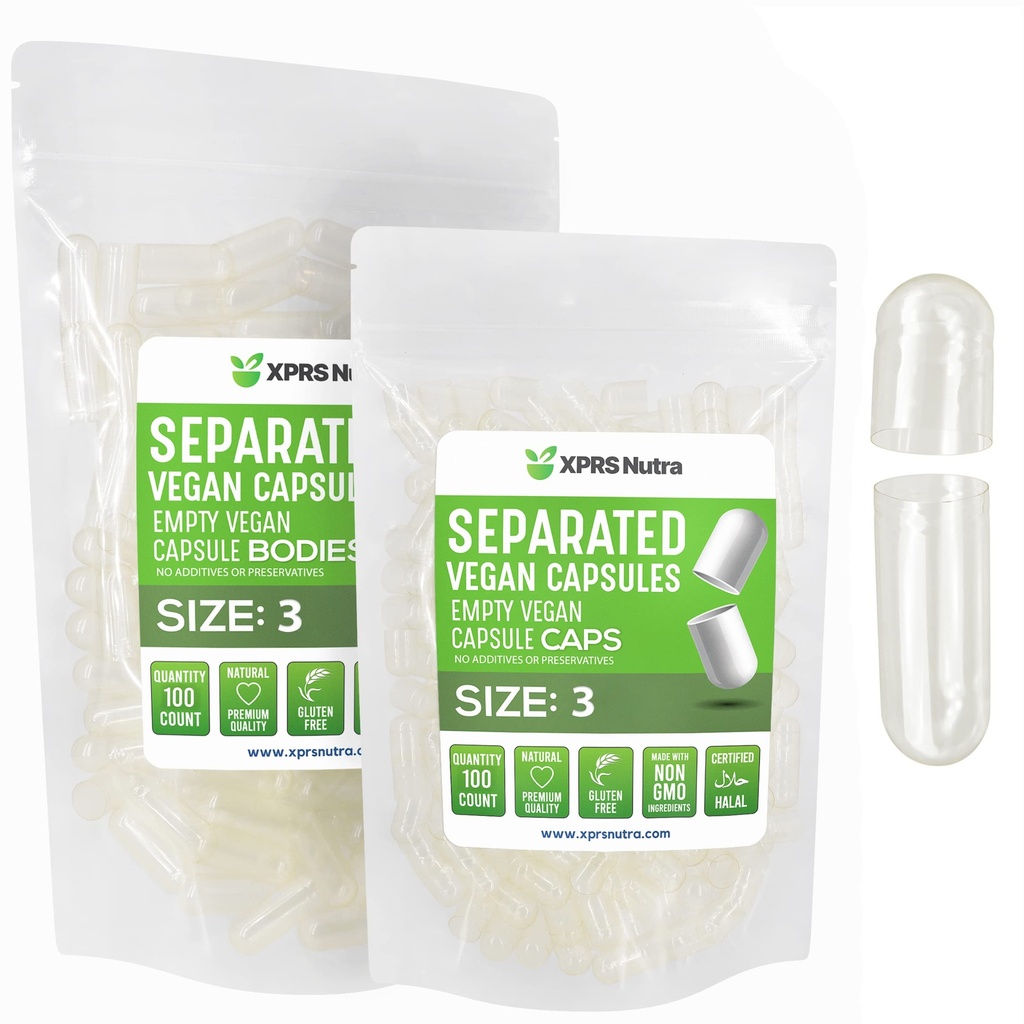 XPRS Nutra Vegan Størrelse 3 Separated Capsules - 100 Grev Premium Tomme Caps Separeret i sække - Clear Tomme Kapsler - Piller til selv supplement påfyldning