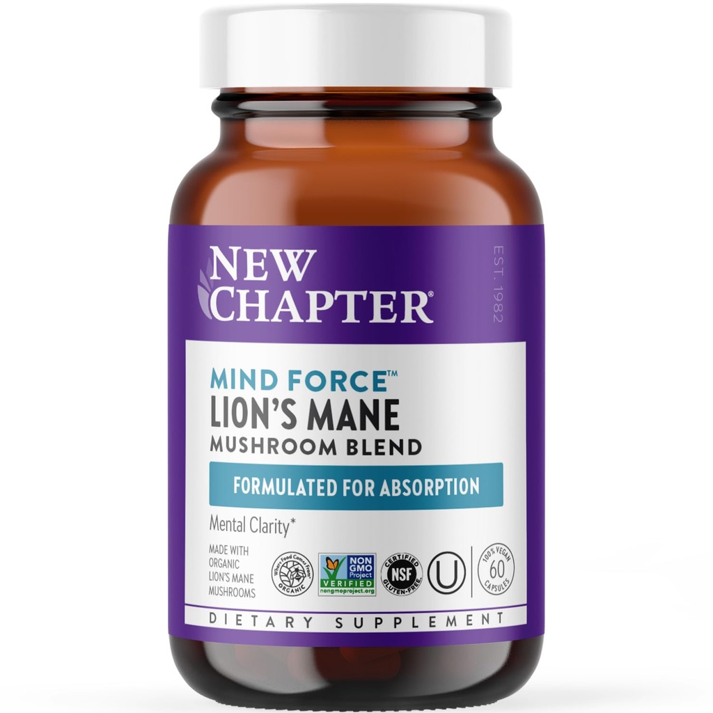 Nyt kapitel Lions Mane + Reishi Mushroom - LifeShield Mind Force for Mental Klarhed med Organic Reishi Mushroom + Vegan + Non- GMO, Nootrope Ingredients - 60 ct