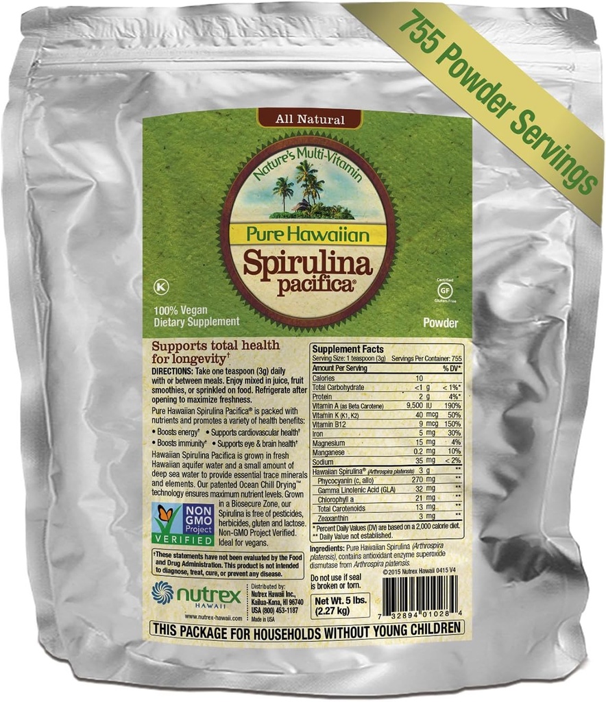Pure Hawaii Spirulina pulver 5 LB Bulk Bag - øger energi og støtter immunitet - Vegan, Ikke GMO - Natural Superfood Grown in Hawaii