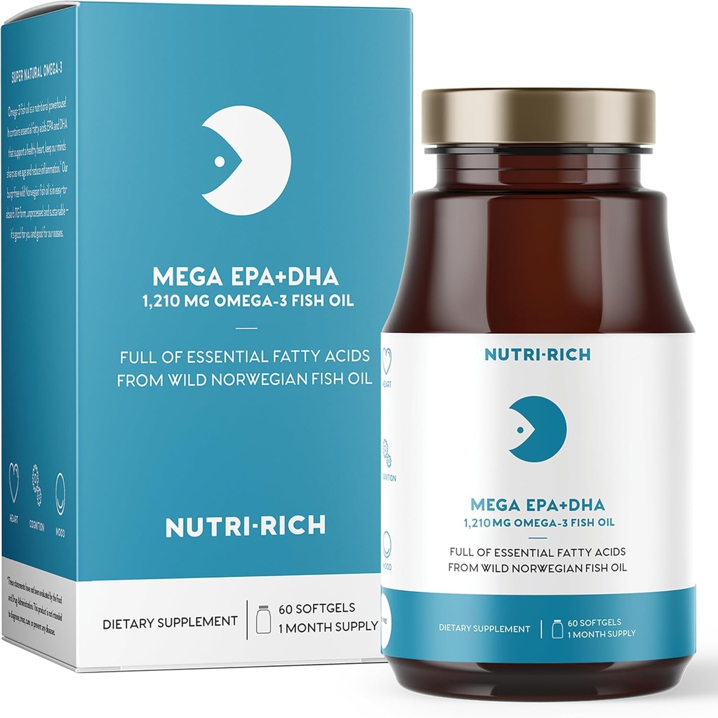 Nutri- Rich Omega-3 Fish Oil 1210mg - EPA & DHA for Heart, Brain & Joint Health - Burp-Free, Lemon Flavor, Gluten & Soy Free, Third-Party Testet (60 Softgels)