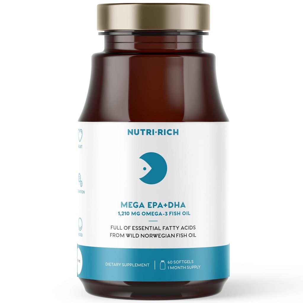 Nutri- Rich Omega-3 Fish Oil 1210mg - EPA & DHA for Heart, Brain & Joint Health - Burp-Free, Lemon Flavor, Gluten & Soy Free, Third-Party Testet (60 Softgels)