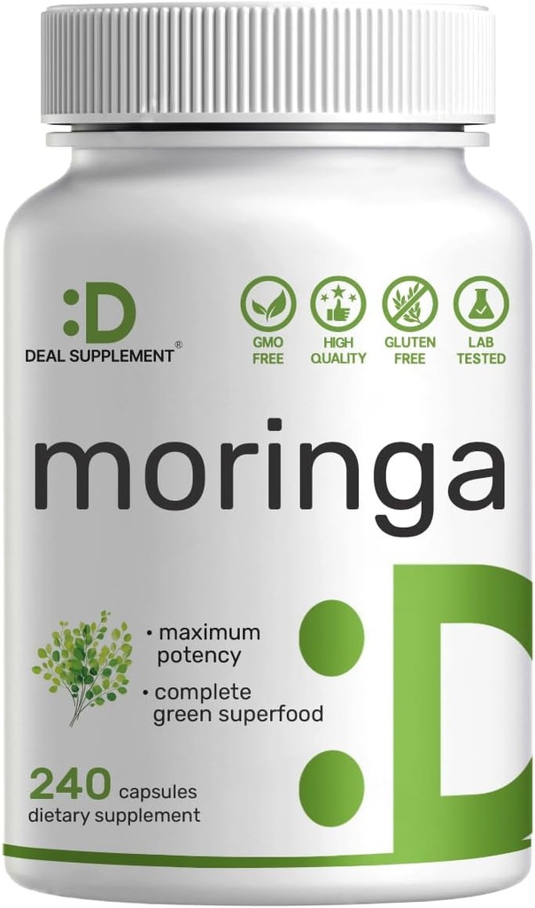 Moringa Kapsler 9.000mg Herbal Ækvivalent, 240 Kapsler - 4 måneders Tilgang - Maksimal Potency Pure Moringa Leaf Extract - Komplet Green Superfood supplement til energi, hud og immunforsvar