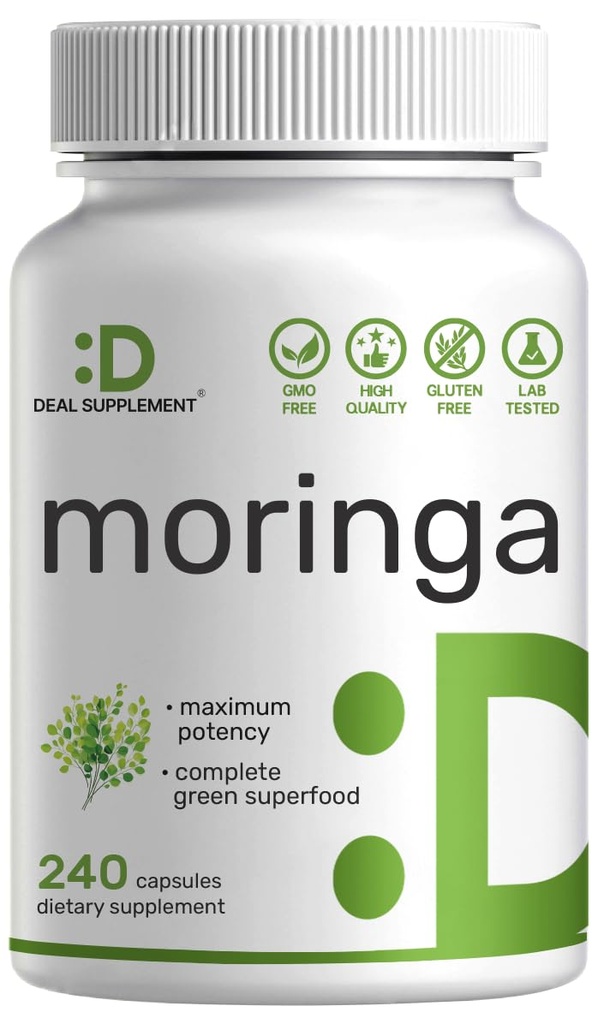Moringa Kapsler 9.000mg Herbal Ækvivalent, 240 Kapsler - 4 måneders Tilgang - Maksimal Potency Pure Moringa Leaf Extract - Komplet Green Superfood supplement til energi, hud og immunforsvar
