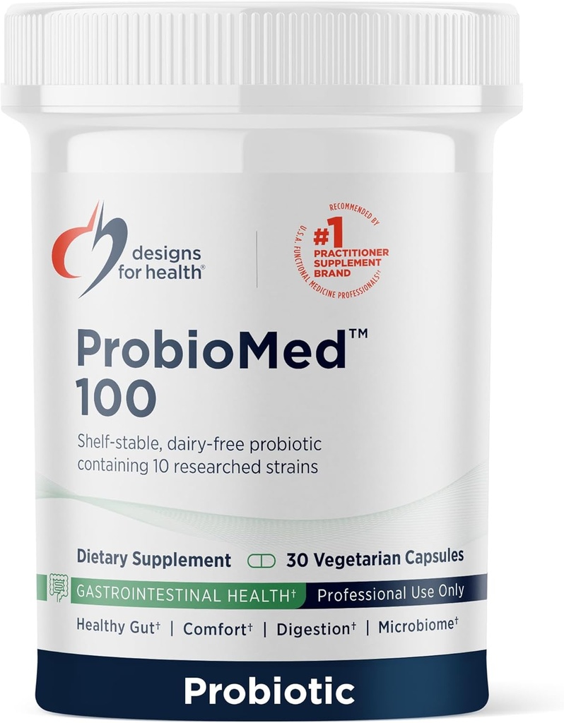 Design for Health ProbioMed 100 - Probiotika til fordøjelse - 10 Strops med Lactobacillus Acidophilus Probiotic + Lactobacillus Rhamnosus - Gut Health + immunsupporttillæg (30 Caps)