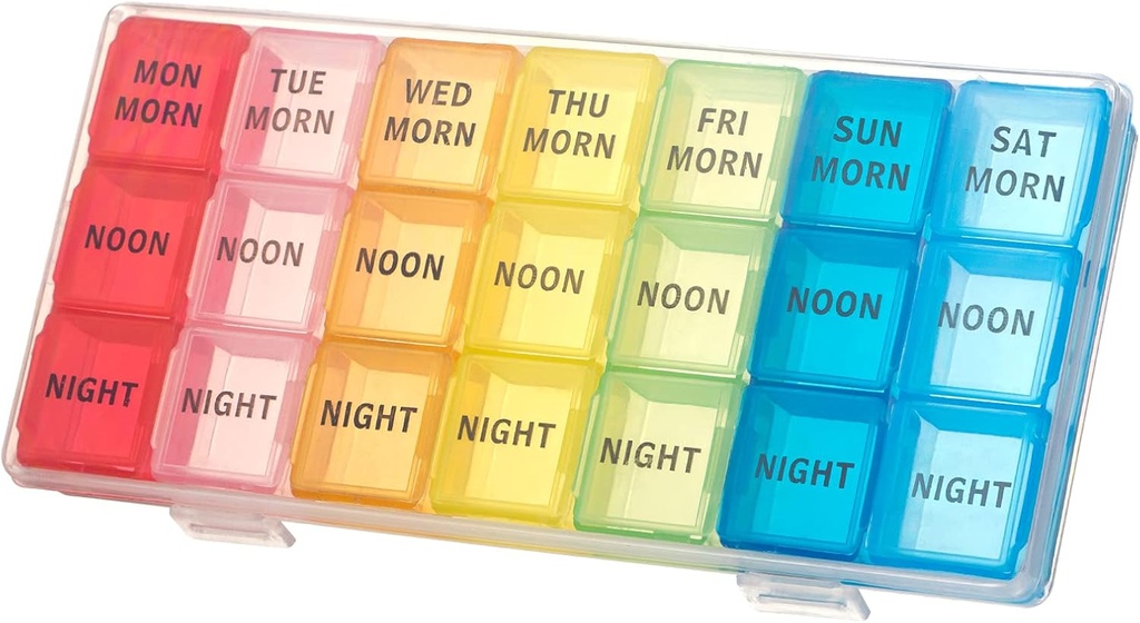 kiniza Small Weekly Pill Organizer, 3 gange en dag rejseboks med Open Design Holder Compartments Fugtighed- Proof Portable Friendly Case for Supplements, Vitamin, Medicin