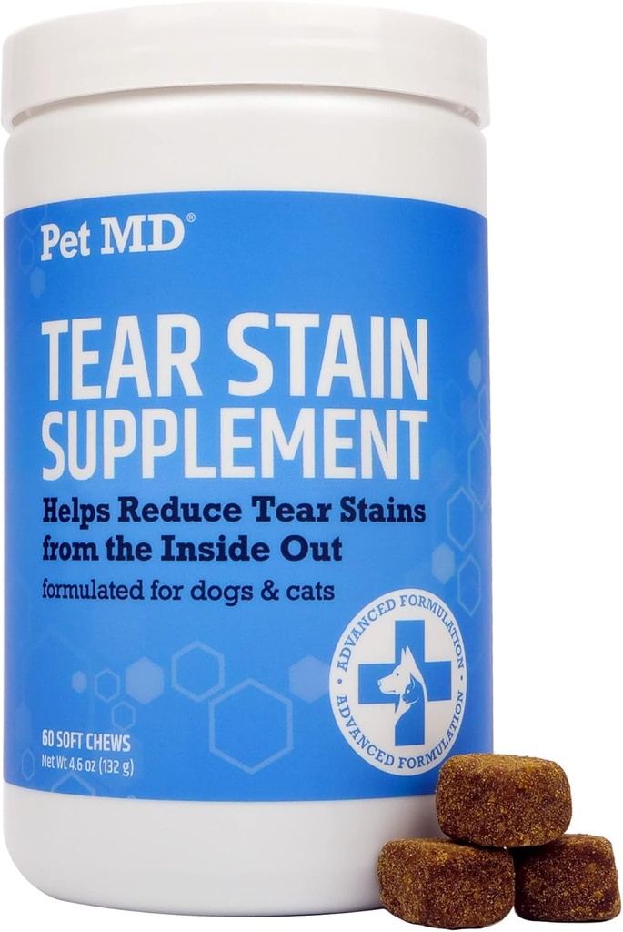 Pet MD Tear Stain Remover for hunde & katte - Antioxidant Eye Care Supplement med Lutein, Tranebær, & Omega 3 & 6 - Kat & Dog Tear Remover Chews for White & Light Fur - 60 ct