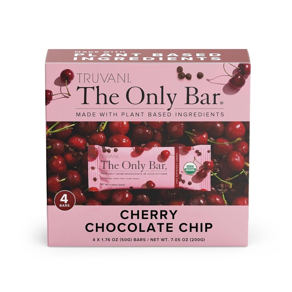 Truvani Plant Based Snack Bars 124; Cherry Chocolate Chip 4 Pack Shap 124; 5g Protein Buddy 124; USDA Organic and Vegan Buddy 124; Den eneste Bar Buddy 124; Dairy, Soy, og Gluten Free Buddy 124; Individuelt indpakket