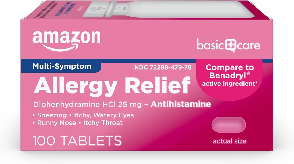 Basic Care Allergy Relief Diphenhydramin HCl 25 mg, Antihistamin tabletter til symptomer på grund af Hay Fever og øvre luftveje, 100 Tæl