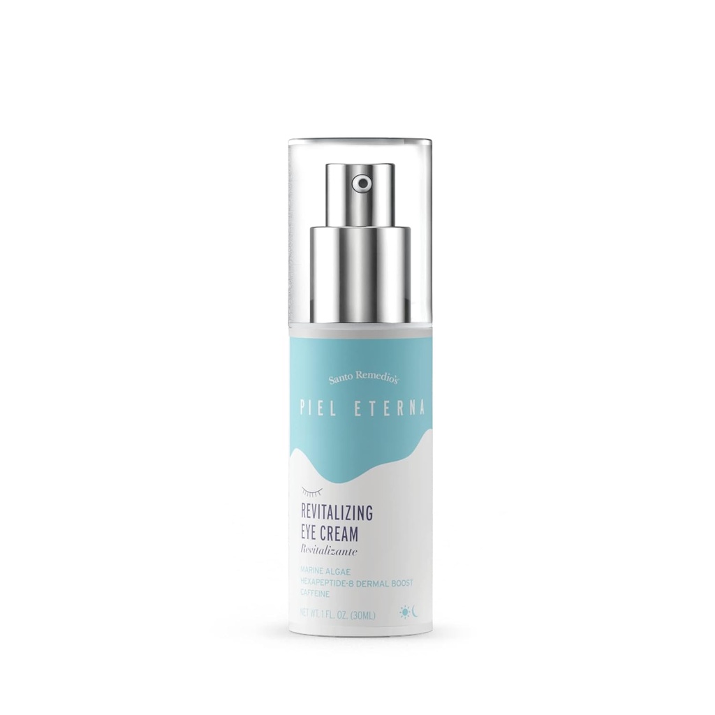 Santo Remedio, Piel Eterna, Revitalizing Eye Cream, Illuminating Eye Cream, Hjælper med at reducere mørke cirkler, Indeholder Marina Alger, Koffein, Aloe, Hyaluronsyre, E-vitamin, For alle hudtyper, 1 Fl. Oz.