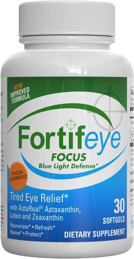 Fortifeye Focus Eye Care Supplement 30 Softgel kapsler - Triple Carotenoid herunder Astaxanthin, Lutein, og Zeaxanthin Kosttilskud, Eye Vitaminer, Understøtter øjne Træthed og blå lysbeskyttelse