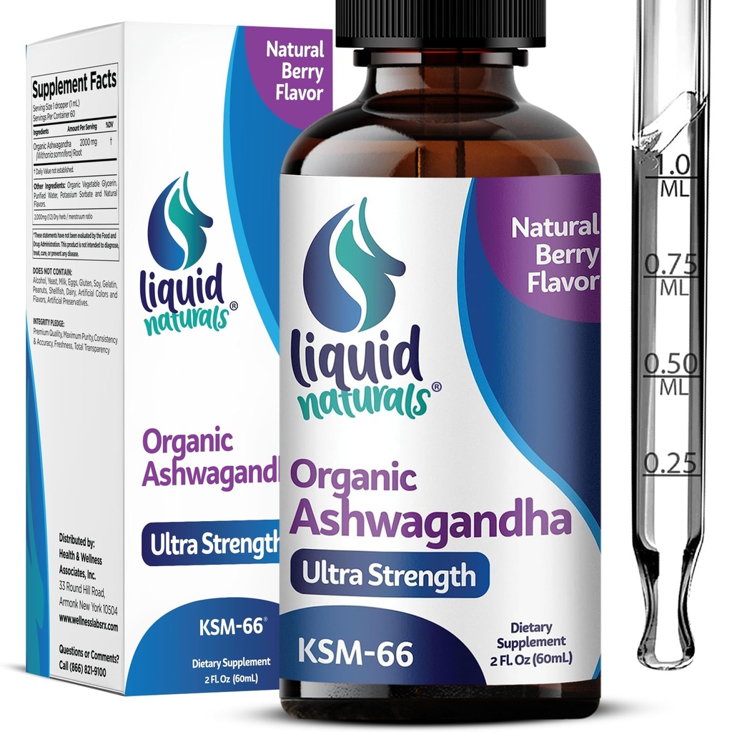 Ashwagandha KSM 66 Drops, 2000mg Natural Berry Flavor - Ashwagandha Kosttilskud til kvinder, Ksm- 66 Ashwaganda ekstrakt for immunforsvar, ydeevne, hjerte sundhed - 60 Servering