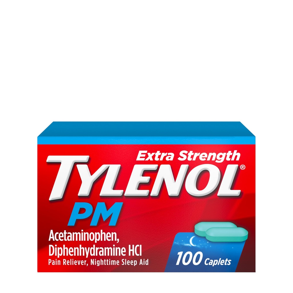 Tylenol PM Extra Strength Nighttime Pain Reliever & Sleep Aid Caplets, 500 mg Acetaminophen & 25 mg Diphenhydramin HCl, Relief for Nighttime Aches & Pains, Non- Habit Danning, 100 ct