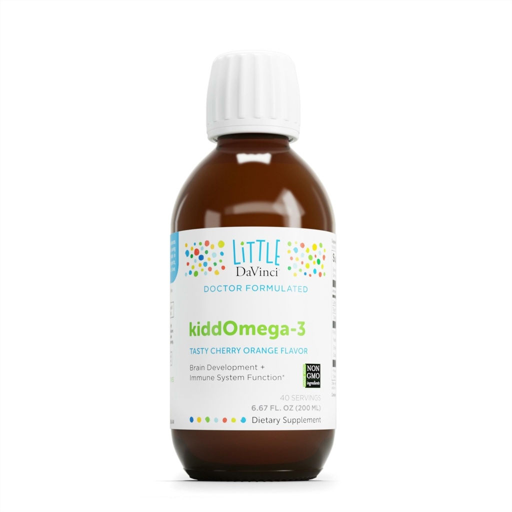 DAVINCI Labs kiddOmega-3 - Liquid Omega-3 supplement til børn - til immunsystem, fokus og hjernestøtte * - med munk frugt, DHA, EPA og mere - Cherry Orange Flavor - 200ml