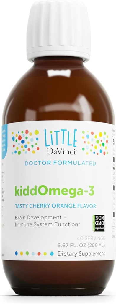 DAVINCI Labs kiddOmega-3 - Liquid Omega-3 supplement til børn - til immunsystem, fokus og hjernestøtte * - med munk frugt, DHA, EPA og mere - Cherry Orange Flavor - 200ml