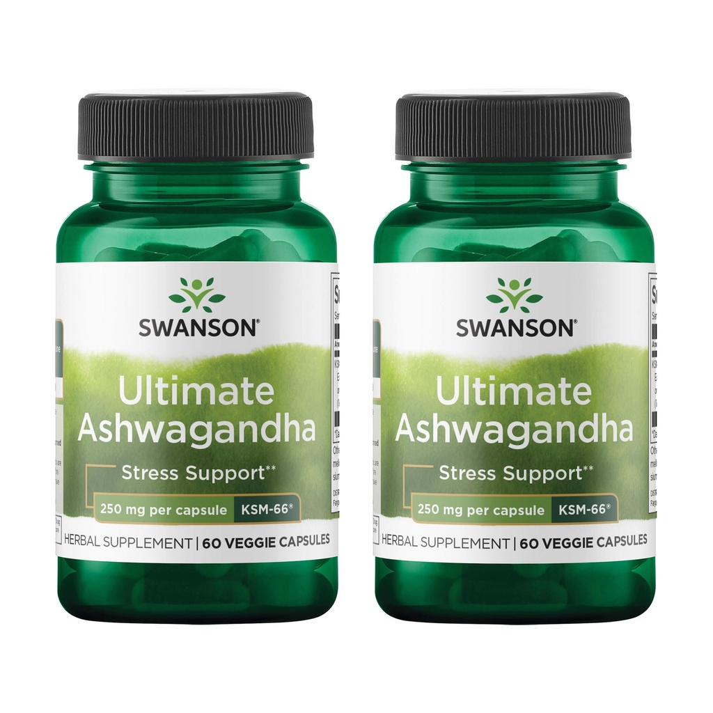 Swanson Ultimate Ashwagandha KSM- 66 - Urtetilskud støtte sunde stress niveauer & relaxation - Naturlig formel til at fremme en rolig & afslappet Mindset - (60 Veggie kapsler, 250 mg hver) (2 Pack)