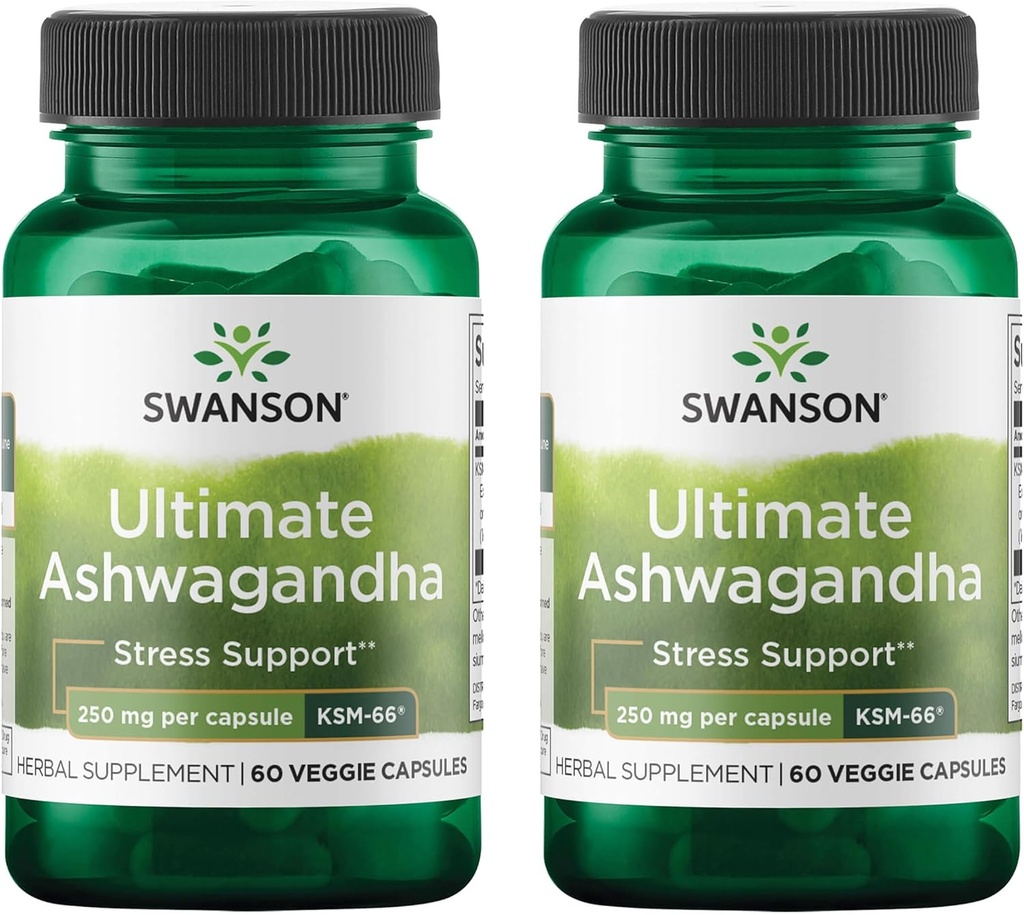 Swanson Ultimate Ashwagandha KSM- 66 - Urtetilskud støtte sunde stress niveauer & relaxation - Naturlig formel til at fremme en rolig & afslappet Mindset - (60 Veggie kapsler, 250 mg hver) (2 Pack)