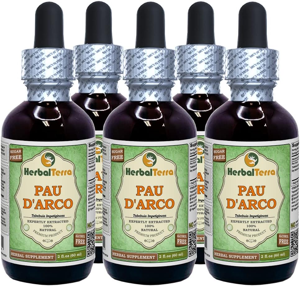 PAU d 'arco (Tabebuia Impetiginosa) Glycerit, Tørret Bark Alkohol- Free Liquid Extract (Brand Name: HerbalTerra, Stolt Made in USA) 5x2 fl.oz (5x60 ml)