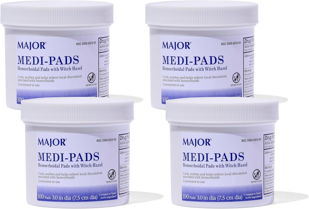 MAJOR Medi- Pads - Hæmorroide Hygiejniske rensende heks Hazel Pads - Køling Relief med Aloe - 100 Count Jar (4 Pack)