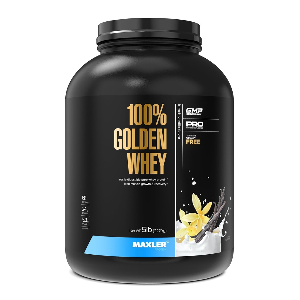 Maxler 100% Golden Whey Protein - 24g protein per servering - Premium Whey Protein Powder for Pre Post Workout - Fast- Absorbing Whey Koncentrat Isolere Hydrolysat Blend - Fransk Vanilla Protein 5lb