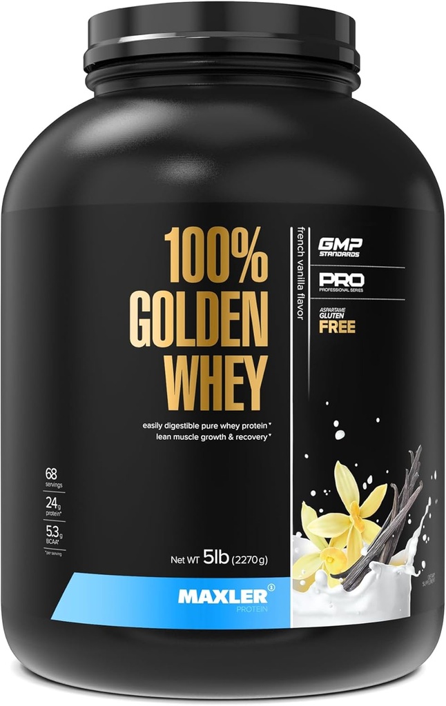 Maxler 100% Golden Whey Protein - 24g protein per servering - Premium Whey Protein Powder for Pre Post Workout - Fast- Absorbing Whey Koncentrat Isolere Hydrolysat Blend - Fransk Vanilla Protein 5lb