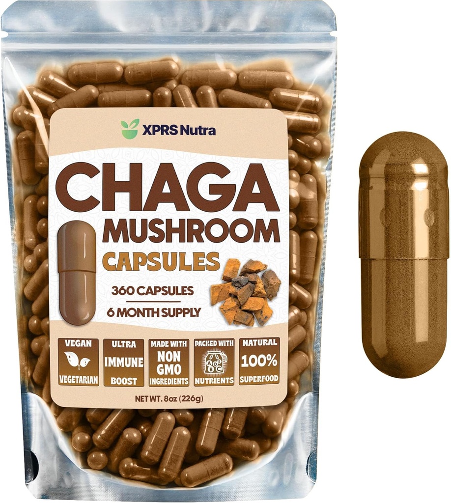 XPRS Nutra Chaga Mushroom Kapsler - Premium USDA Chaga Mushrooms Capsules - indkapslet Chaga Mushroom Pulver til en Immunitet Boost - Vegansk venlige Superfood til Chaga Tea og drikkevarer - 360 Greve
