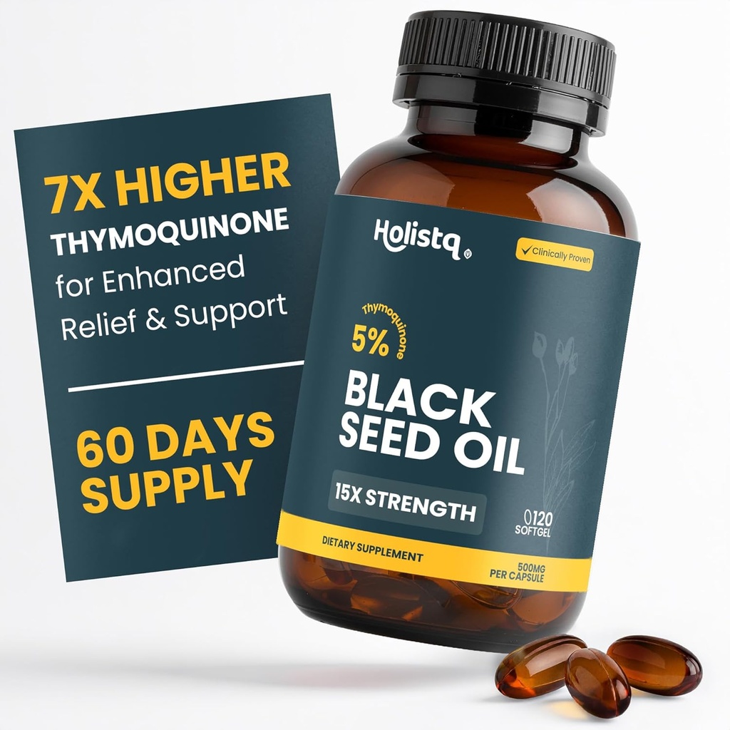 Holistiq Black Seed Oil Organic Cold Pressed Capsules - 124; 5% Thymoquinone - 124; Non- GMO & Vegan - 124; Nigella Sativa Black Cumin Seed Oil, Omega 3 6 9 Voksen Immunitet Support - 120 Softels, 2 Måneders Supply