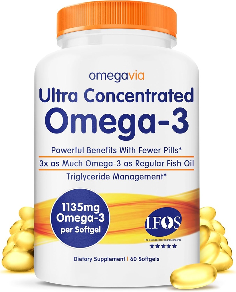 OmegaVia Ultra Concentrated Omega 3 Fish Oil Burpless, 60 Softgel, Triple Strength Omega 3 Fish Oil Supplements, 1135 mg Pure Omega3, No Fishy Burps, High EPA DHA DPA, IFOS 5-Star