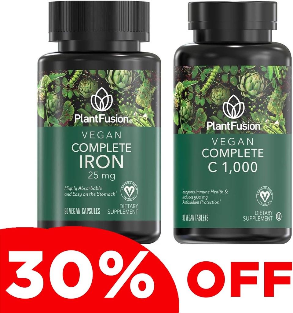 PlantFusion Vegan Iron & C-vitamin Bundle - Premium Plant Based Iron 25mg og C-vitamin 1000mg for sunde energiniveauer og immunforsvar