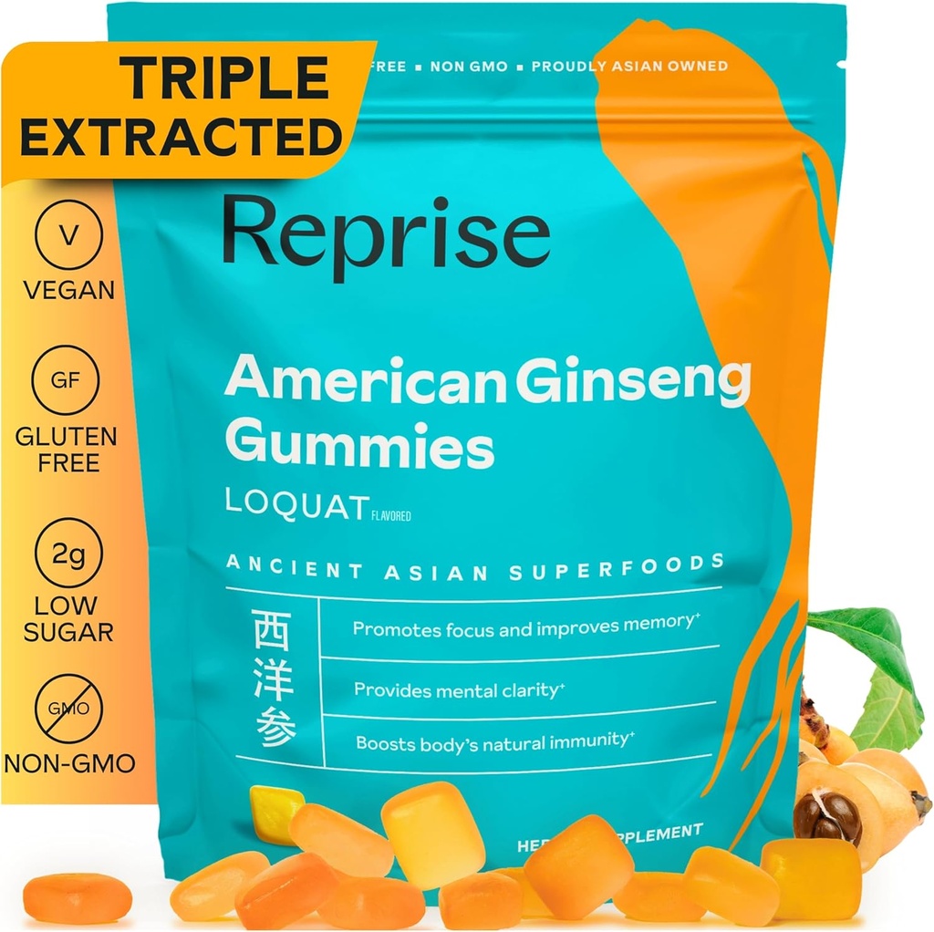 American Ginseng Energy Boost Gummies - All-Natural Full- Potency American Ginseng, Hjælper Elevate Energy, Focus, og giver immunforsvar, Law-Sugar, Vegan, 45 Gummies, Loquat Flavor