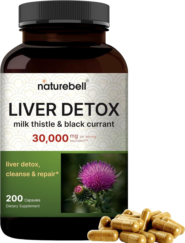 Lever Detox Kosttilskud - 200 kapsler med mælk tidsel 30,000mg & Black Currant ttesmå 124; Natural Active Silymarin - Extra Strength 60: 1 Extract - Herbal Cleanse & Repair Support - Non- GMO