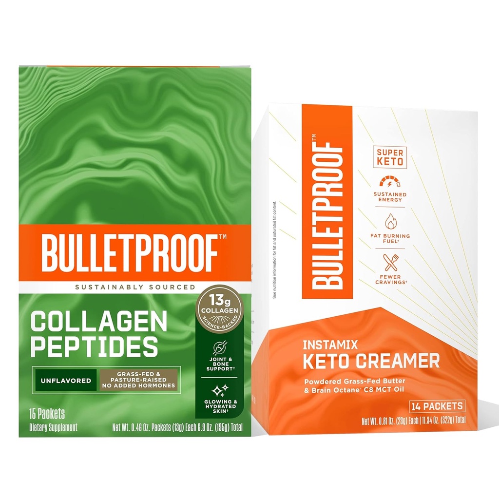 Bulletproof Coffee Duo - InstaMix Keto Coffee Creamer med Grass- Fed Ghee og MCT olie, 14 Pack & Unflavored Collagen Protein med 13g Grass- Fed Collagen Peptider til hud, Bones, og Joints, 15 Pack