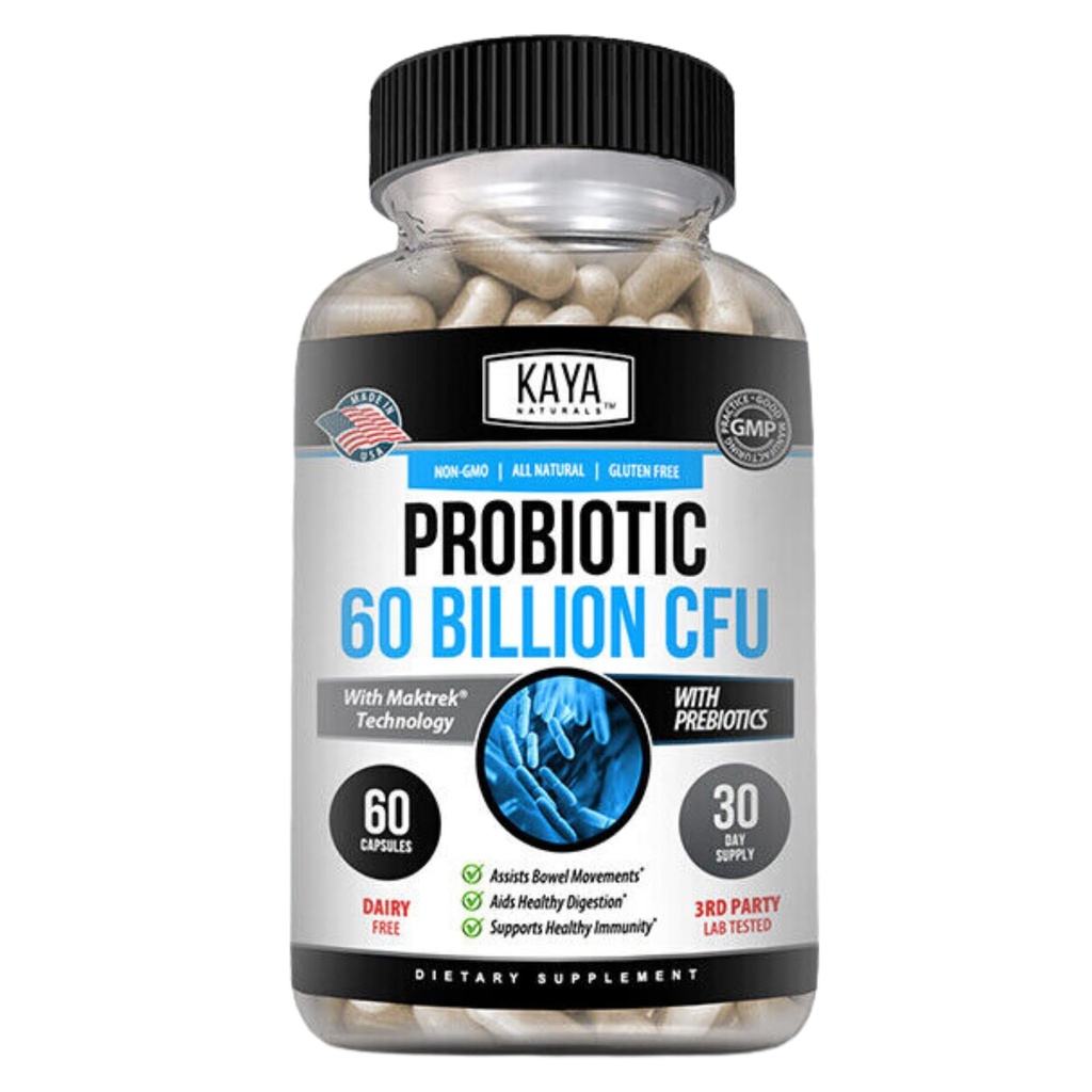 Kaya Naturals Probiotiske 60 Millioner CFU - Probiotika til kvinder, Probiotika til mænd og voksne, Natural - Gut Health & immunsupport Supplement - Giver fordøjelsesstøtte - 60 Vegetabilske kapsler