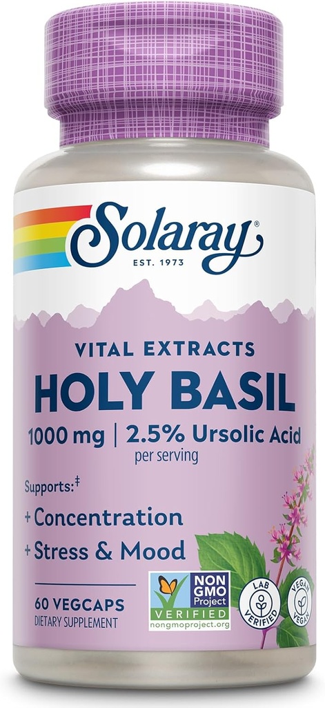SOLARAY Holy Basil 1000 mg - Tulsi Holy Basil Adaptogen med 2, 5% Ursolsyre - Adrenal Support, Focus, Lejlighedsvis Stress og Mood Support - Non- GMO, Vegan, Gluten Free, 60- Day Garanti, 30 Servere