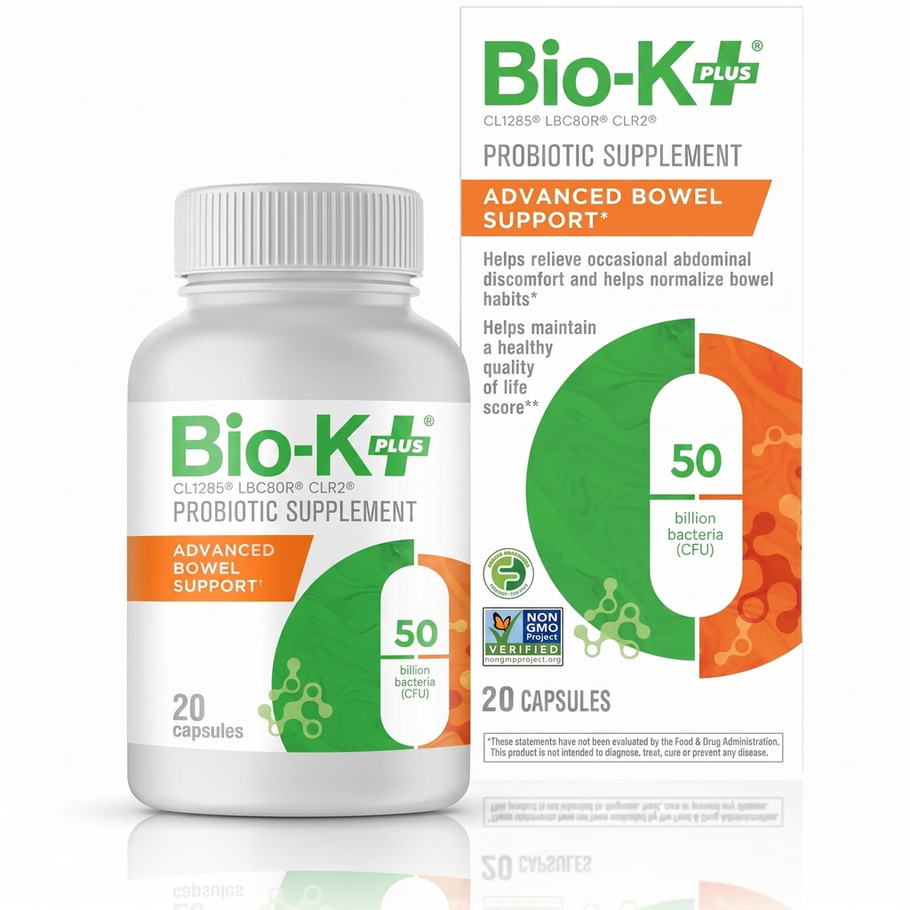 Bio- K + Advanced tarmstøtte Probiotisk - 50 milliarder CFU - Vegan, Gluten- Free, Non- GMO - Understøtter fordøjelsessygdomme & regularitet - for mænd og kvinder - 20 kapsler