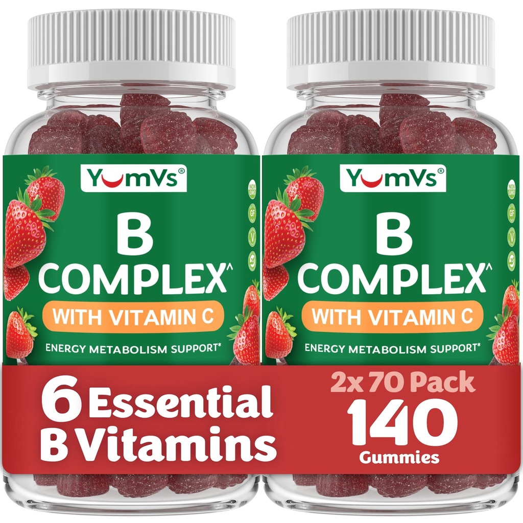 B Complex Gummies with Vitamin C - Great Tasting 1 om dagen Energi & Nervesystemet Støtte til voksne - Vegan, Kosher, Non- GMO Vitamin B Complex Gummies with B12, B6, & Folinsyre - 70 Greve (2 Pack)