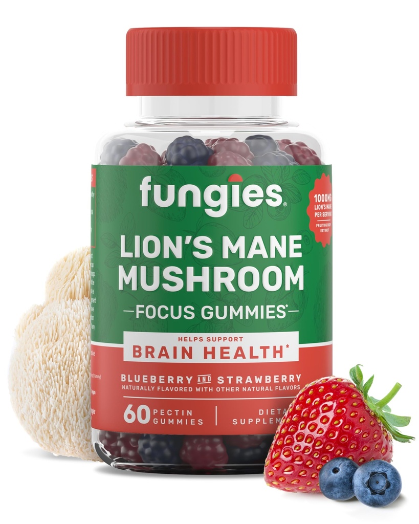 Fungies Lions Mane Mushroom Gummies, Blandet blåbær & Strawberry Flavor - Mushroom Supplement Gummy for voksne & børn understøtter hjerne sundhed, kognitiv funktion, fokus, hukommelse og mad, 60 Servere