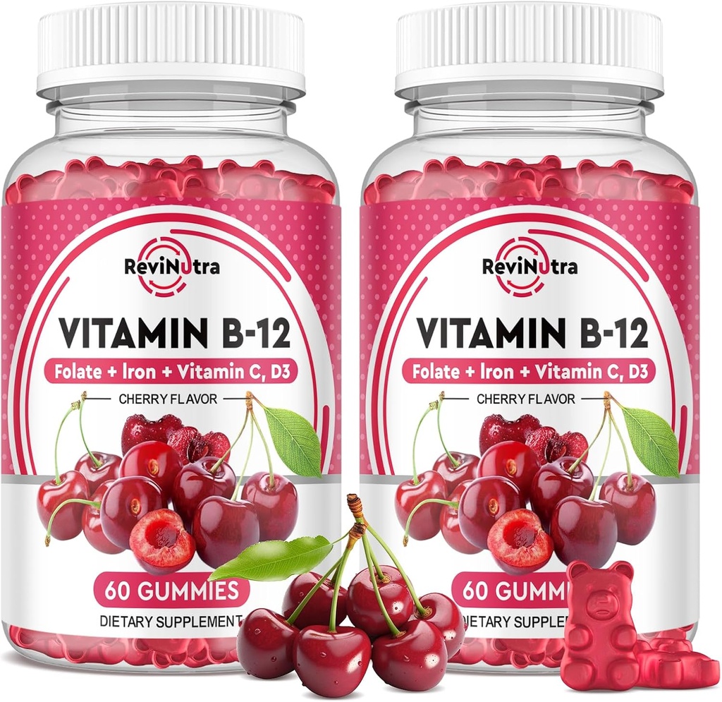 Vitamin B12 Gummies - 5000 mcg Methylcobalamin med jern, C-vitamin, D3 & Folate, Energistøtte og Metabolisme, Immun, B-12 Complex tyggetabletter for mænd og kvinder, 120 Greve, 2 Pack