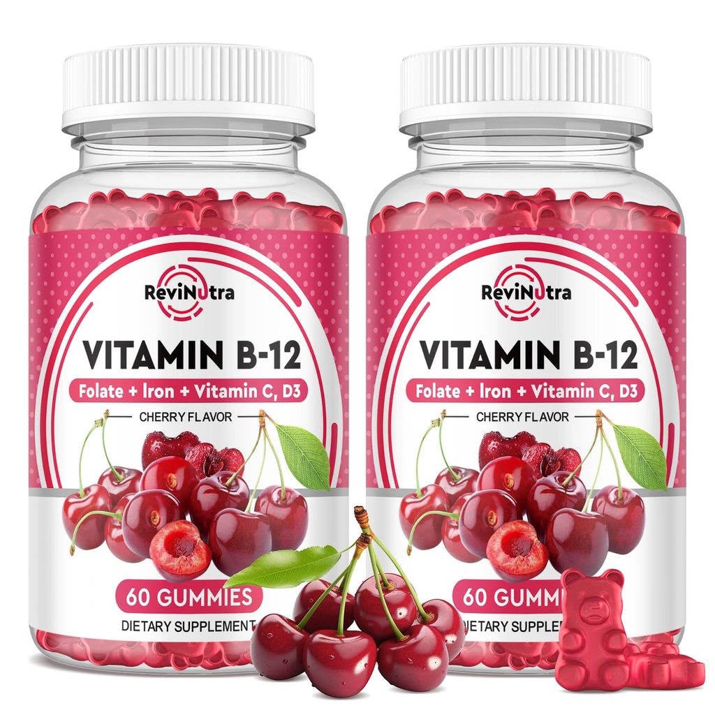Vitamin B12 Gummies - 5000 mcg Methylcobalamin med jern, C-vitamin, D3 & Folate, Energistøtte og Metabolisme, Immun, B-12 Complex tyggetabletter for mænd og kvinder, 120 Greve, 2 Pack