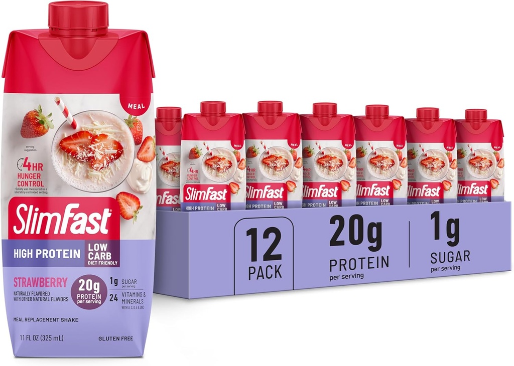 SlimFast Protein Shake, Strawberry- 20g Protein, Meal Erstatning Shake Klar til at drikke, High Protein med lav Carb og lavt sukker, 24 Vitamin og mineraler, 12 Greve (pakke med 1) (Packaging May Vary)