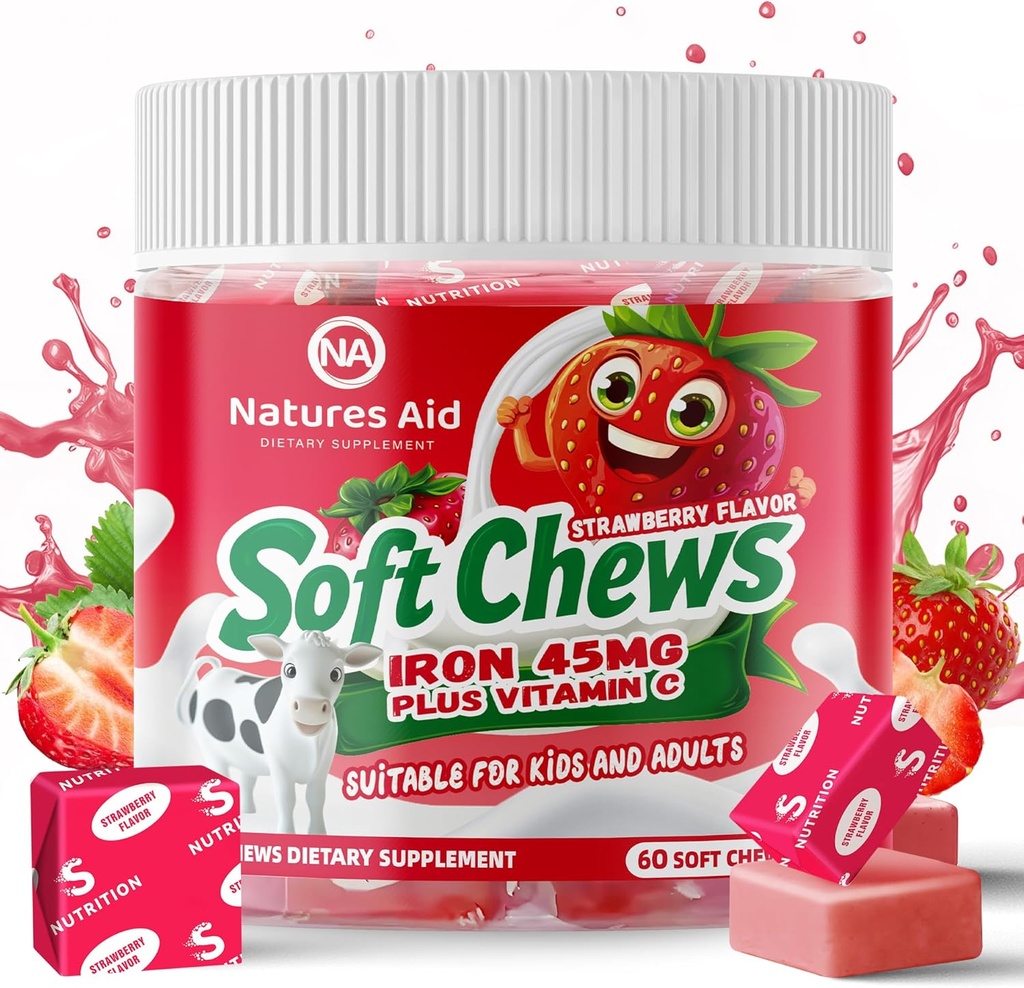 Chewable jern supplement til kvinder og mænd og børn - Jordbær Flavor, Iron Vitamin C Soft Chew for Max Absorption, Jern som Ferrofumarat, Ideel til jern mangel, 2 Måned Supply
