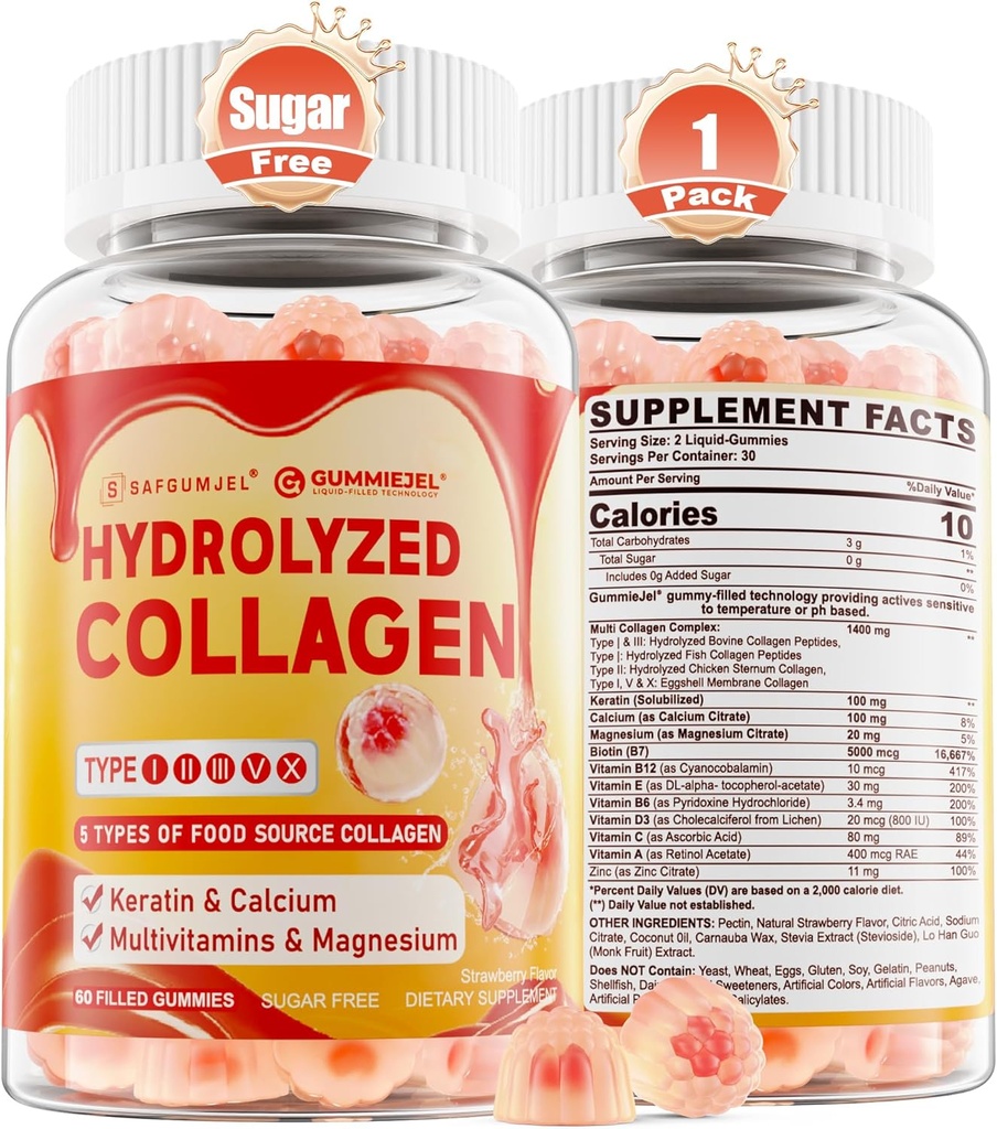 Collagen Peptid Gummies for kvinder Mænd, Sugar Free Multi Collagen Supplement, 1400mg Hydrolyzed Collagen Typer I II III V X, 5000mcg Biotin, Vitamin C A E D3 B6 til hår, hud & negle, ben, 60Cts
