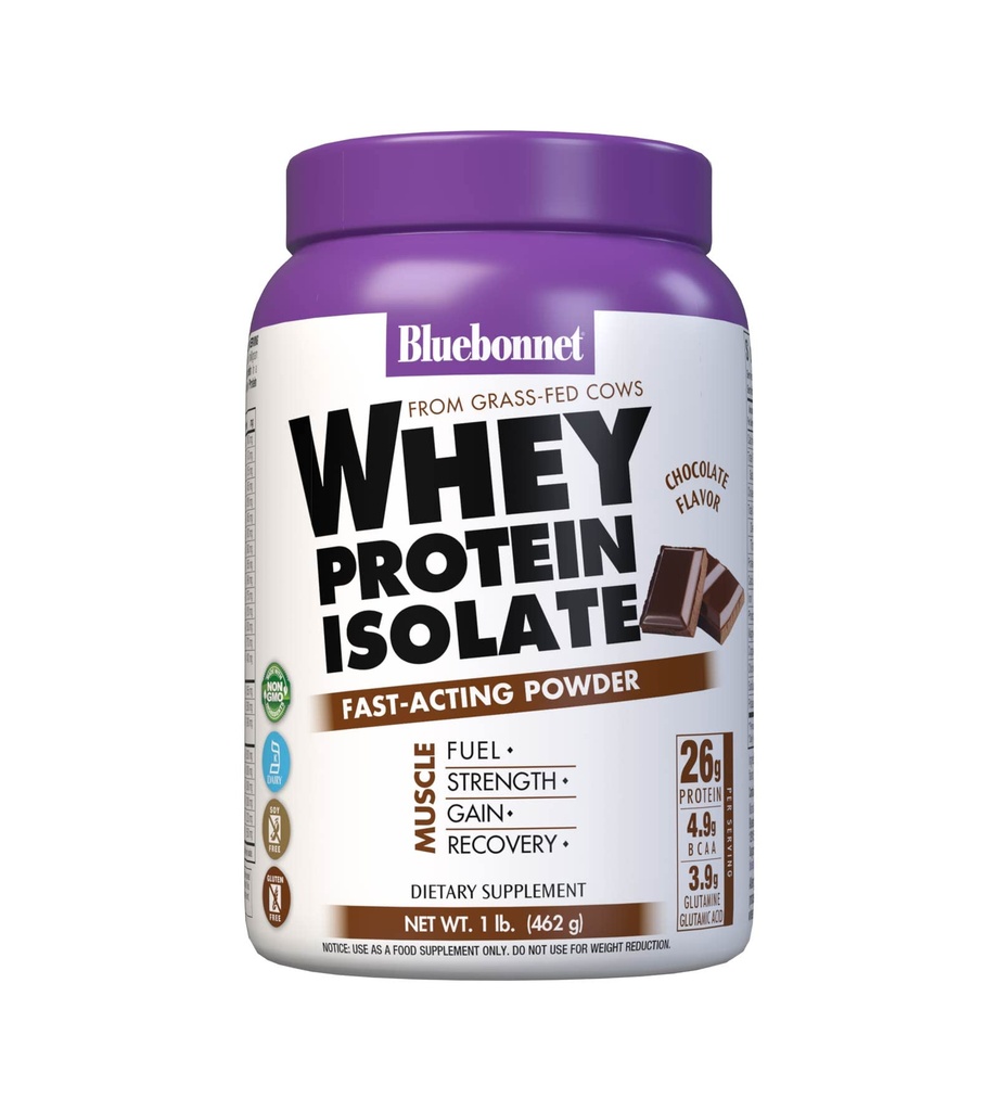 Bluebonnet Nutrition Whey Protein Isolate Powder, Whey From Grass Fed Cower, 26g Protein, Ingen Sukker Tilføjet, Gluten fri, Soy fri, kosher Dairy, 1 Lb, 14 Servere, Chokolade Flavor