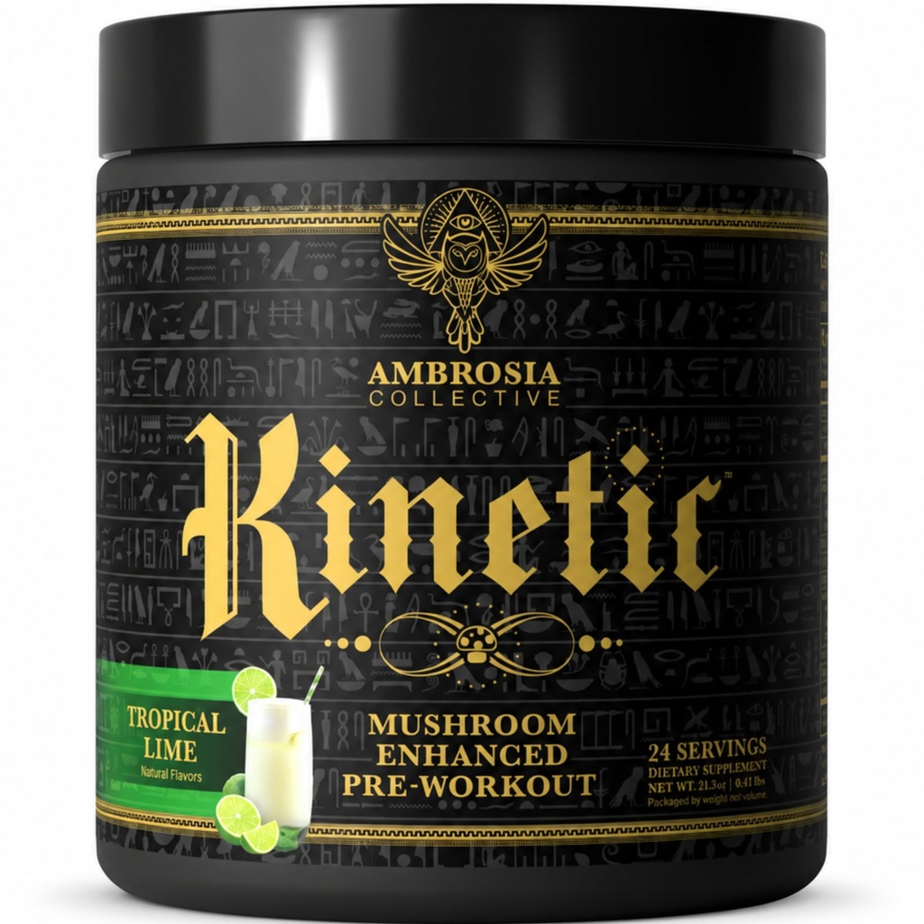 Ambrosia Kinetic Organic Preworkout, Mushroom Forbedret Natural Pre Workout Supplement, Nootrop Superfood Powder for Energy (Tropical Lime)