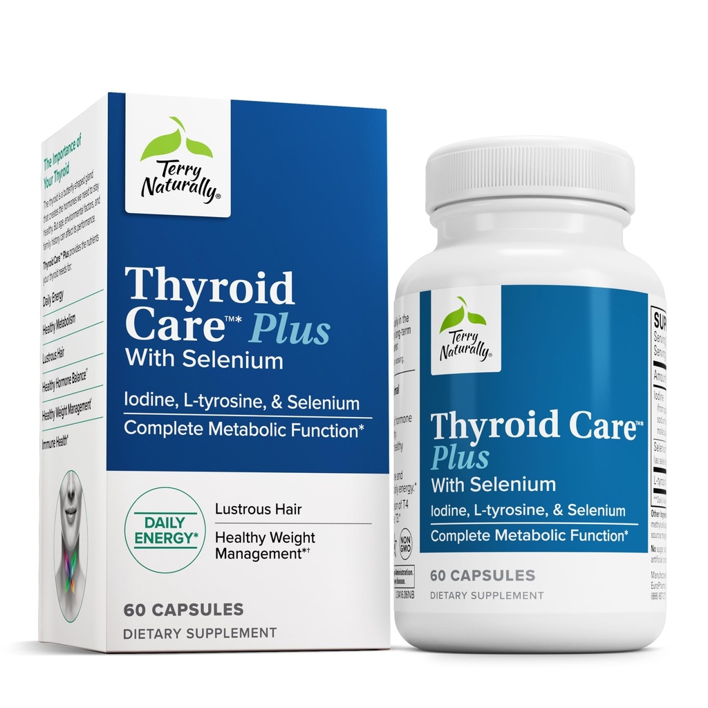 Terry naturligt Thyroid Care Plus - tillæg til støtte Thyroid - Kosttilskud til energi og sund hårstøtte - L-Tyrosine & Selen - 60 kapsler