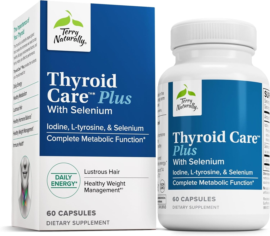 Terry naturligt Thyroid Care Plus - tillæg til støtte Thyroid - Kosttilskud til energi og sund hårstøtte - L-Tyrosine & Selen - 60 kapsler
