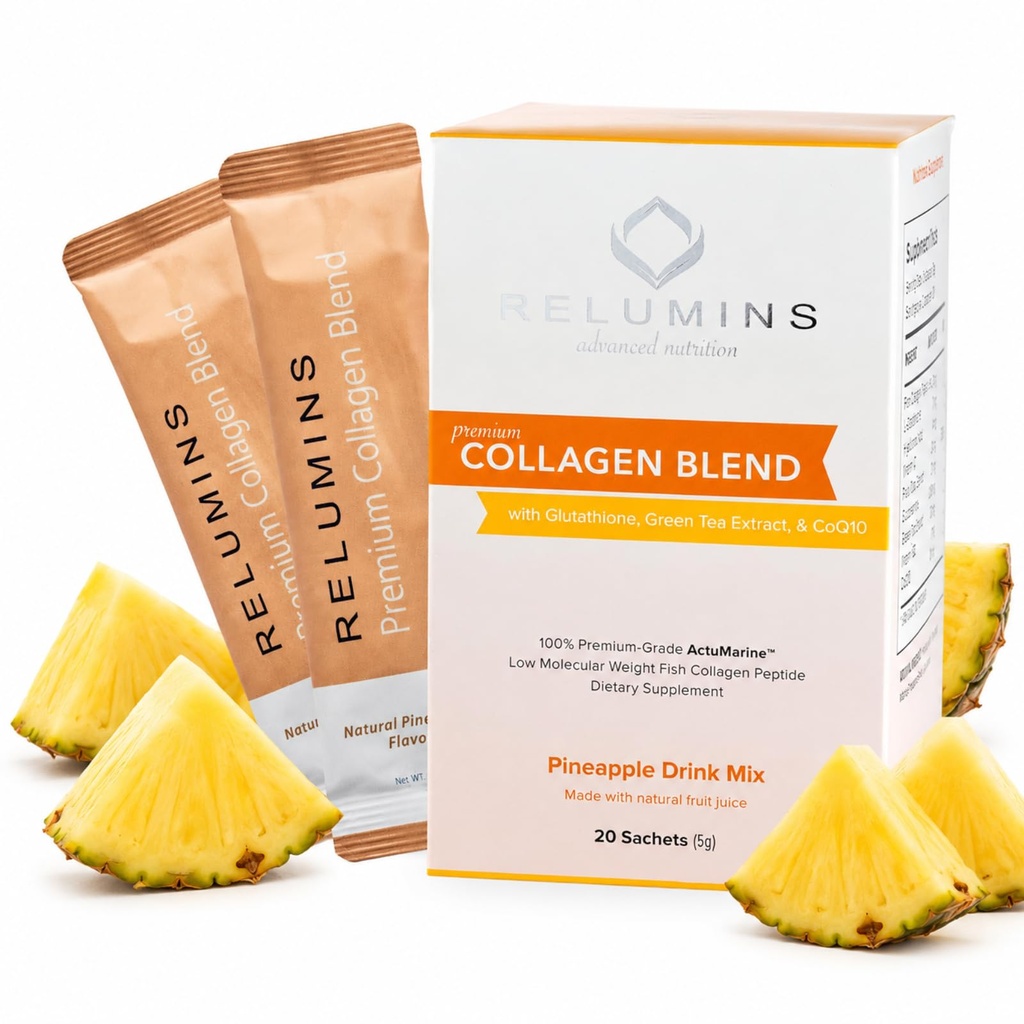 Relumins Marine Collagen Powder Drink Mix - Collagen Peptide with Glutathione, Green Tea, CoQ10, & Hyaluronic Acid Boosts Glowing Skin - 100 Powder Sachets x Pineapple Flavored + 10 Free Sachets