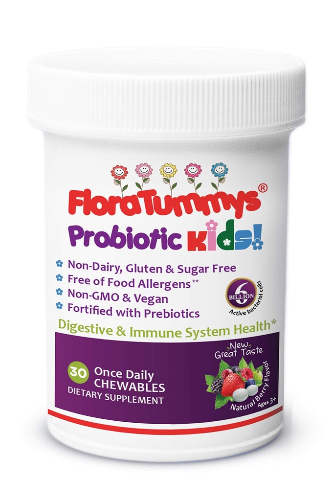 FloraTummys Kids Chewable Probiotic Prebiotics: Non- Dairy, Gluten & Sugar- Free, Peanut & Soy Free, Non- GMO, Tested & Free of Food Allergens, Vegan, Kosher, Berry Flavor (1 flaske)