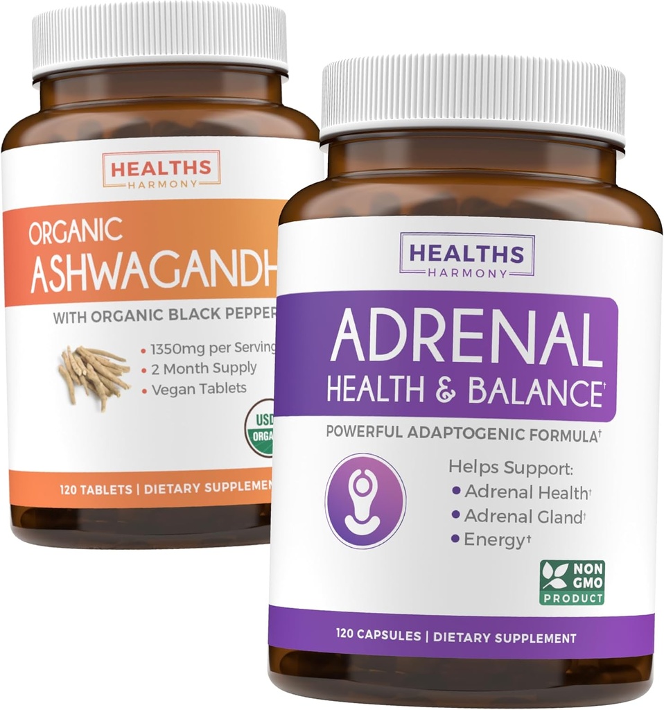 Ashwagandha & Adrenal (2måneders Supply) Adrenal Balance Pack - Organic Ashwagandha Natural Adrenal & Cortisol Support (120 Caps) & Adrenal System & Cortisol Manager L- Tyrosine Træthed Support (120 Cap)