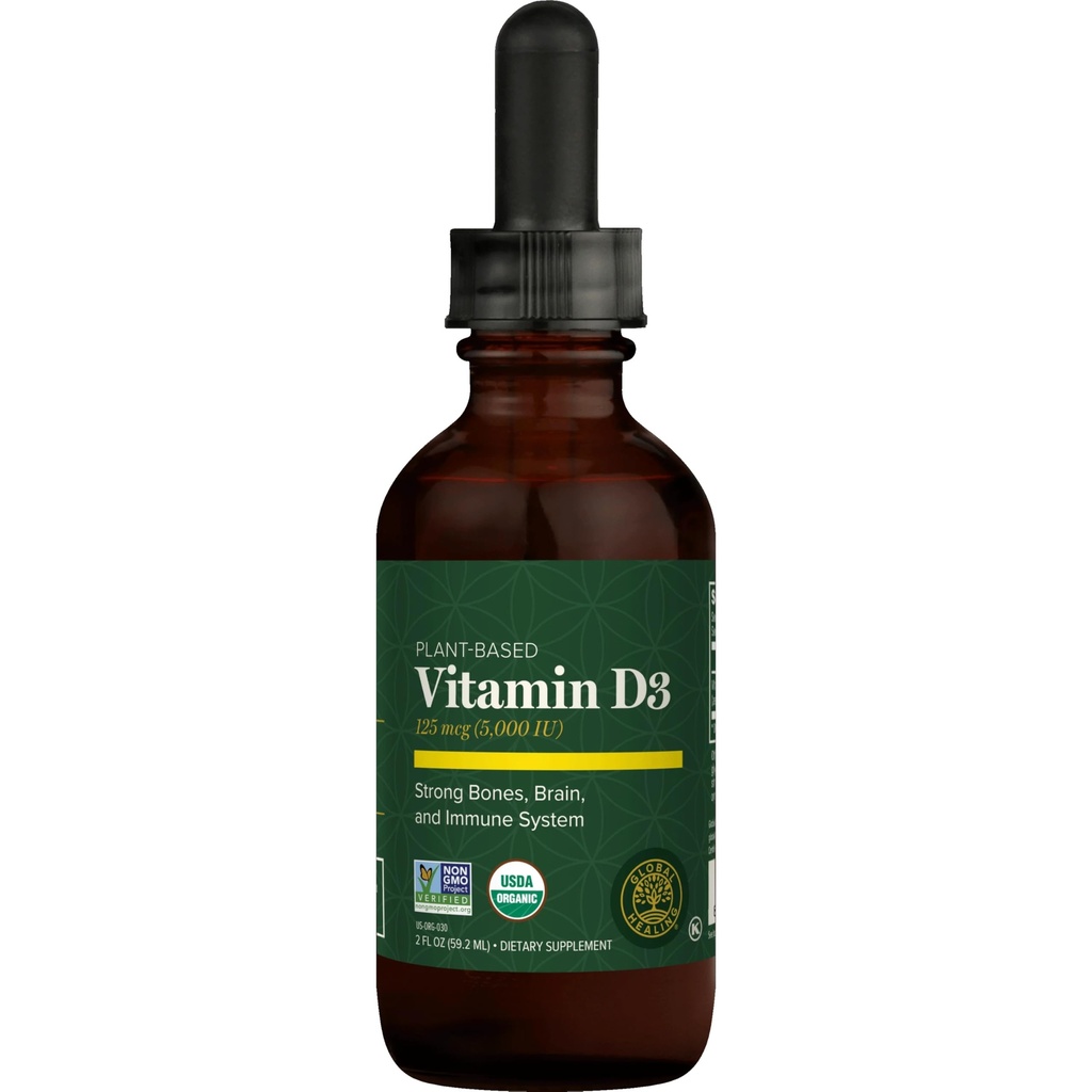 Global Healing Organic Vitamin D3 5000 IE Supplement - Vegansk Vitamin D Kosttilskud til immunforsvar & stærk Bones Support - Pure D3 Vitamin 5000 IE Ingredienser, Vit D3 - 2 Fl Oz